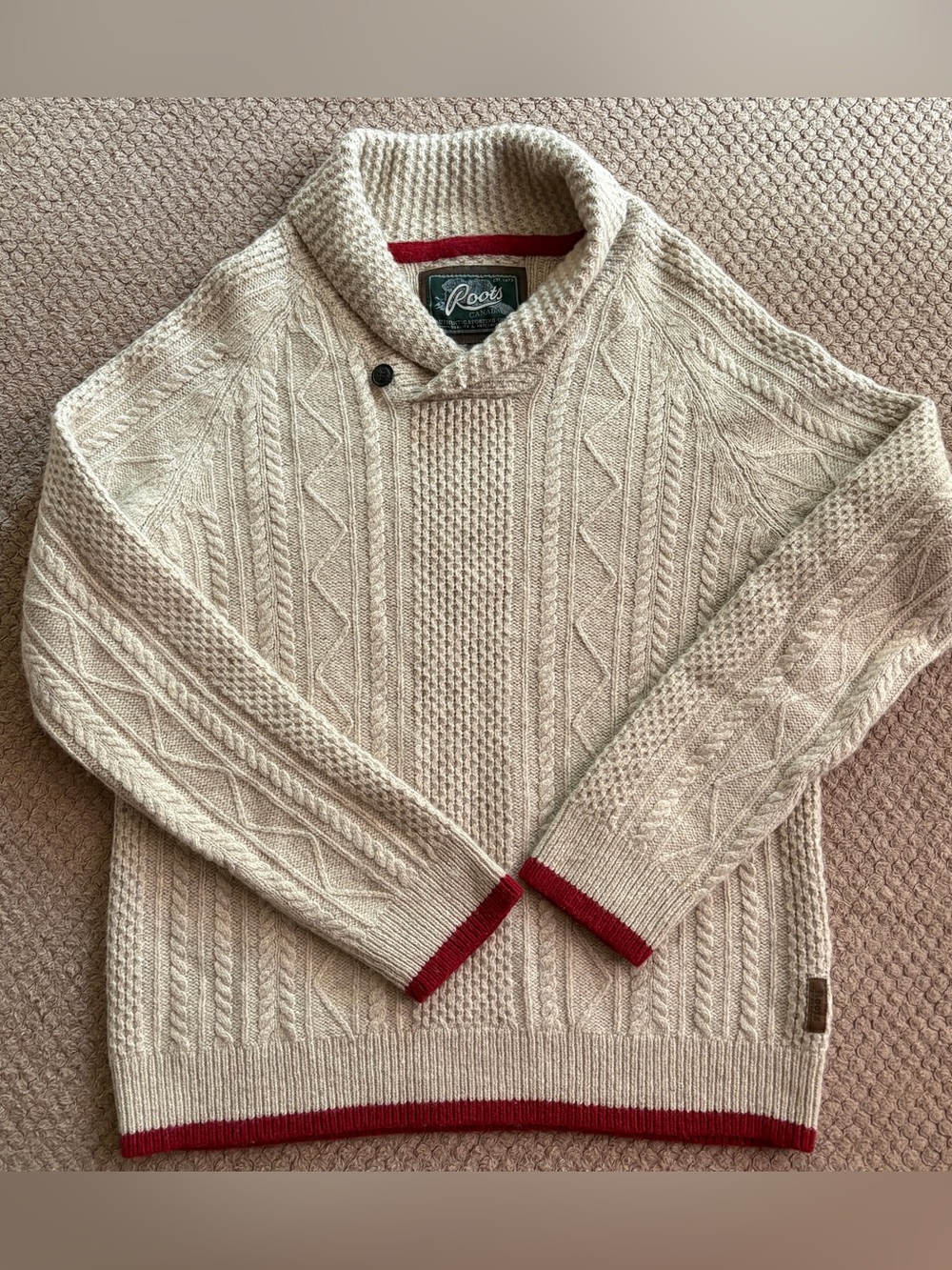 Roots Canada Cabin Knit Sweater Mens XL Cream Red Trim Wool Blend Shawl Neck